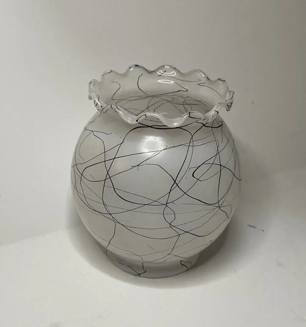 VTG Anchor Hocking Frosted Black White Vase Swirl Drizzle Ruffled Crimped Bowl